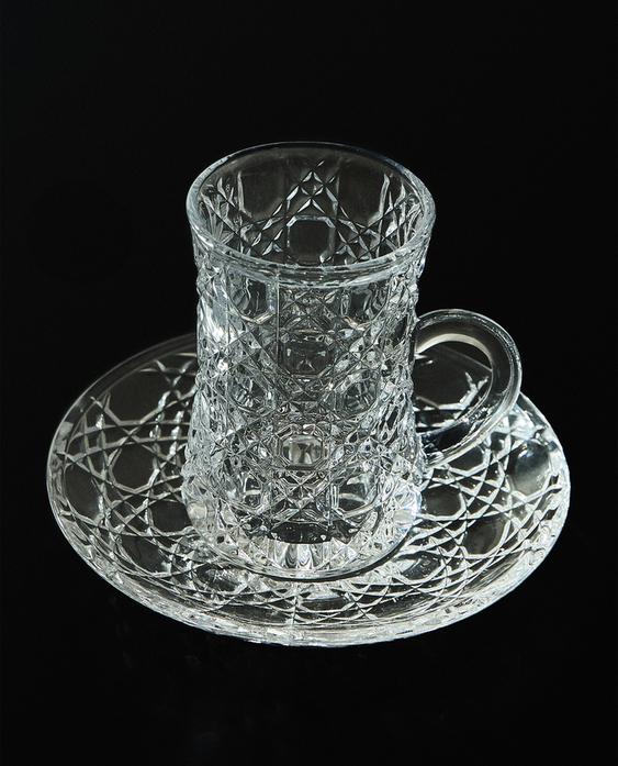 RAISED DESIGN GLASS MUG AND SAUCER