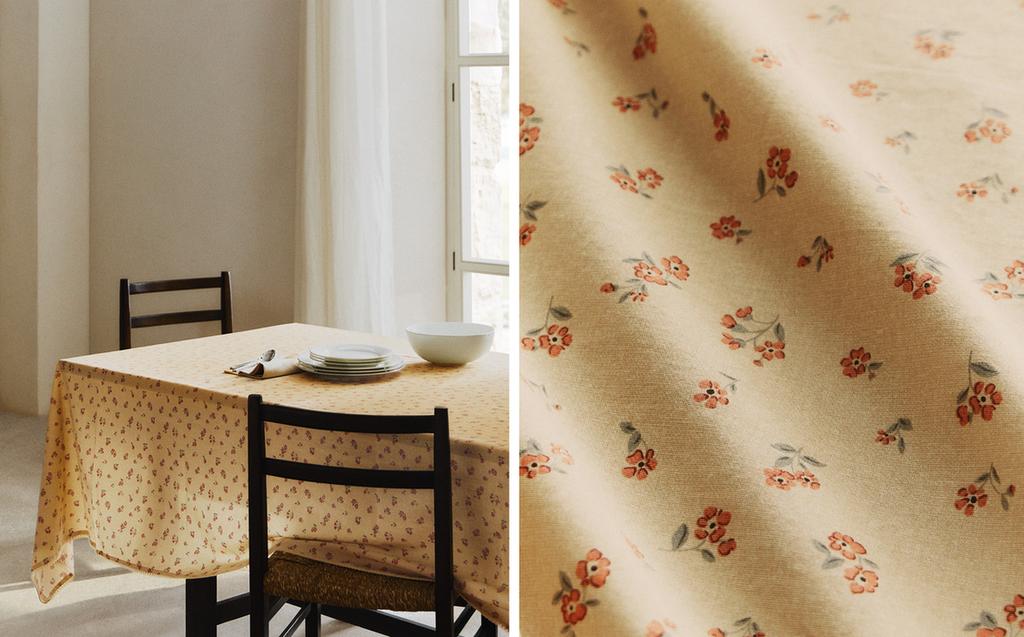 TISCHDECKE MIT WILDEM BLUMENMUSTER UND SPITZENKANTE