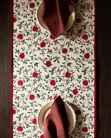 COTTON CHRISTMAS POINSETTIA TABLE RUNNER