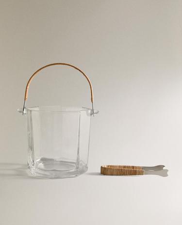GLASS ICE BUCKET AND TONGS SET