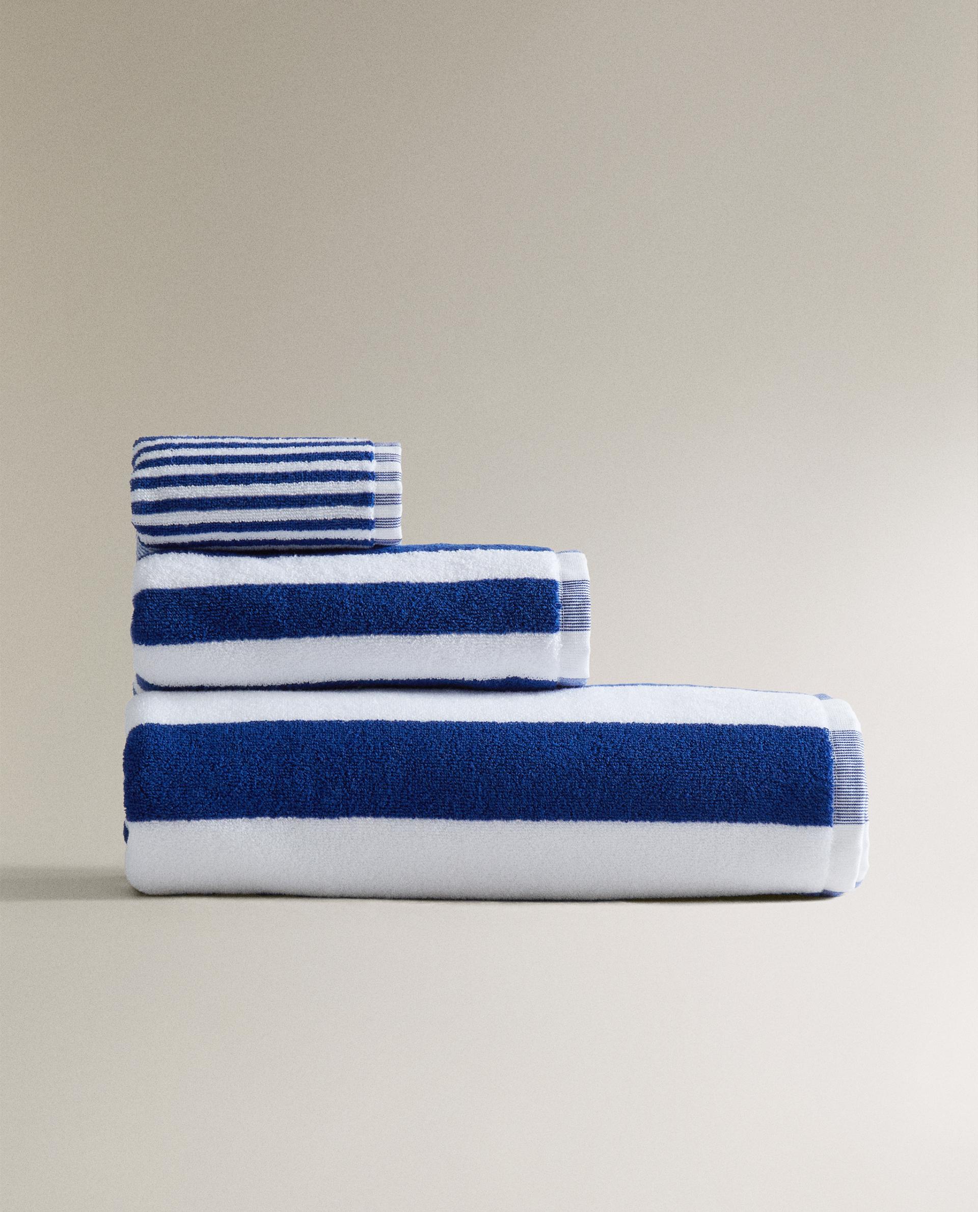 Blue striped bath towels sale