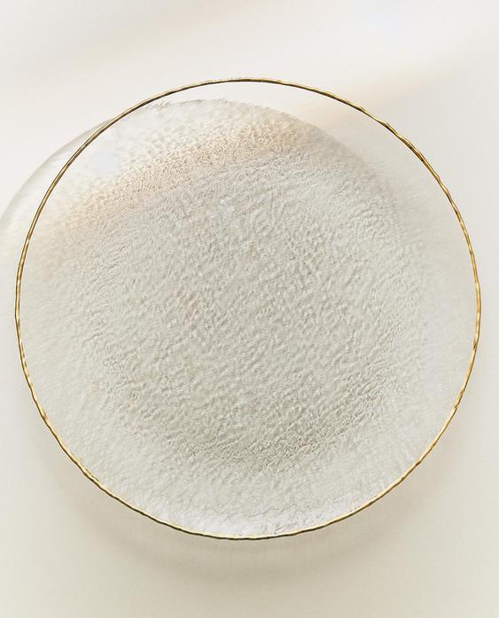 طبق سفلي زجاج بارز بحافة ذهبية