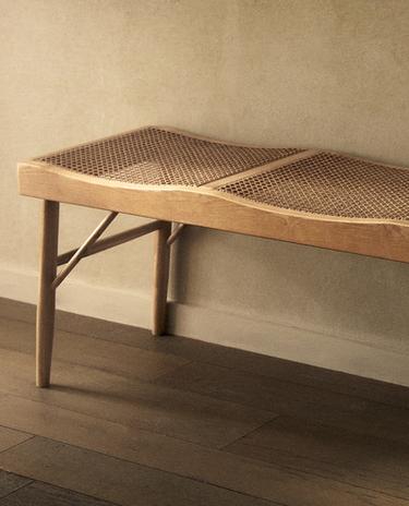 WOOD AND RATTAN BENCH