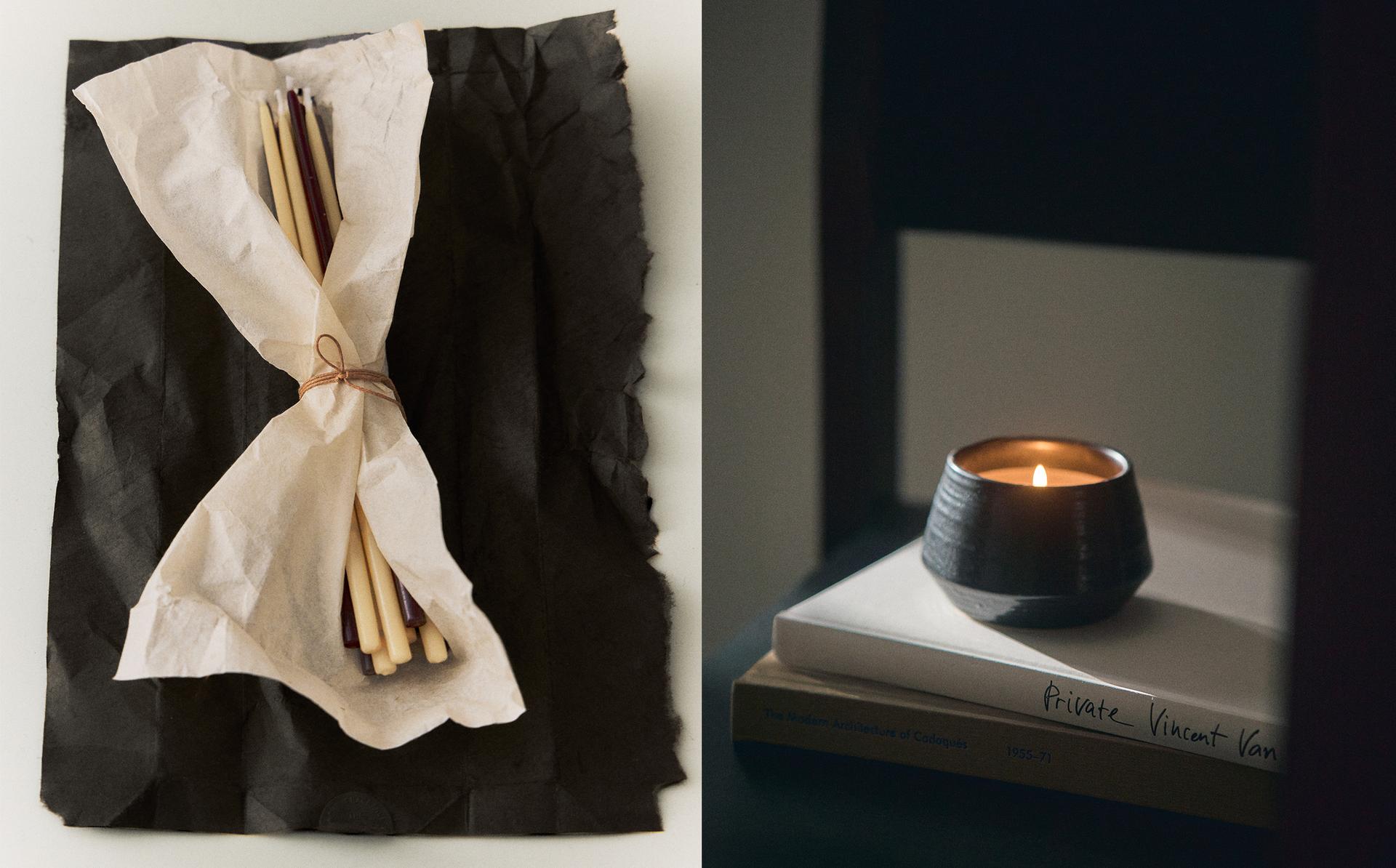 VELVET CUIR SCENTED CANDLE AND PACK OF CANDLES WITH CANDLEHOLDER SET