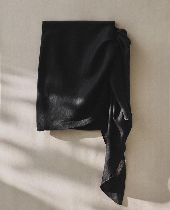 SHORT LINEN BLEND BEACH SARONG WITH KNOT SHORT LINEN BLEND BEACH SARONG WITH KNOT