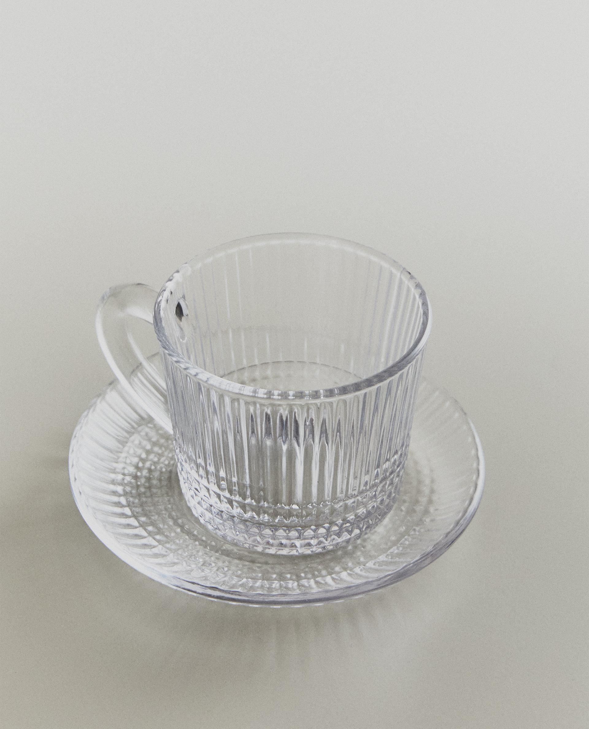 GLASS COFFEE CUP AND SAUCER WITH RAISED GEOMETRIC DESIGN product thumbnail 3