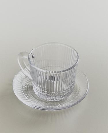 CHÁVENA DE CAFÉ COM PRATO VIDRO RELEVO GEOMÉTRICO