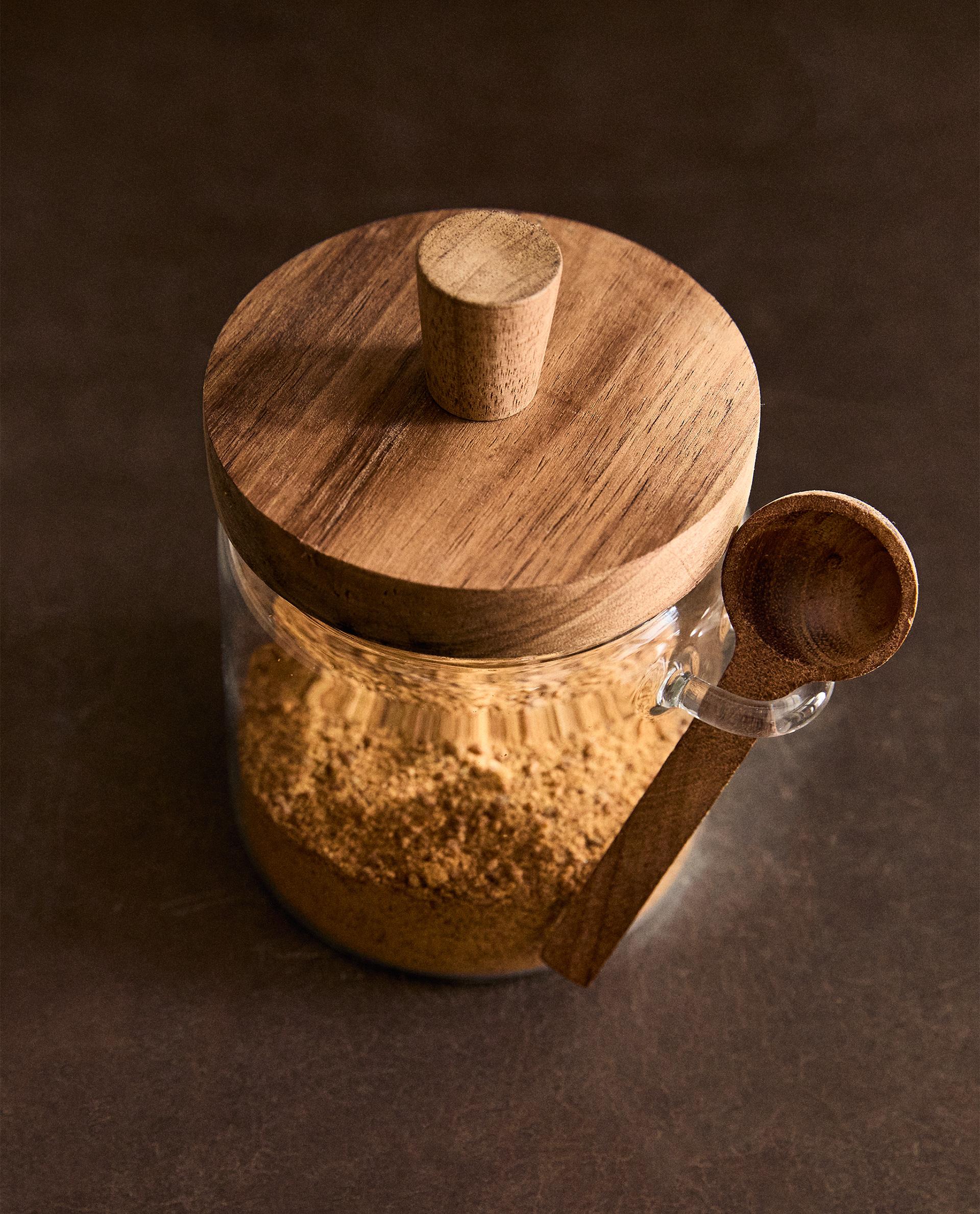 BOROSILICATE GLASS AND WOOD SUGAR BOWL