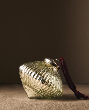 GLASS STRIPED DIAMOND PATTERN BALL CHRISTMAS TREE DECORATION