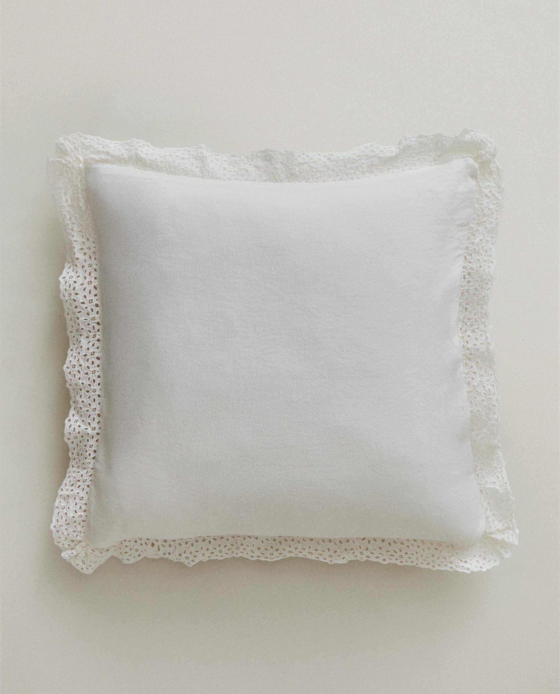 EMBROIDERED COTTON THROW PILLOW COVER WITH RUFFLES