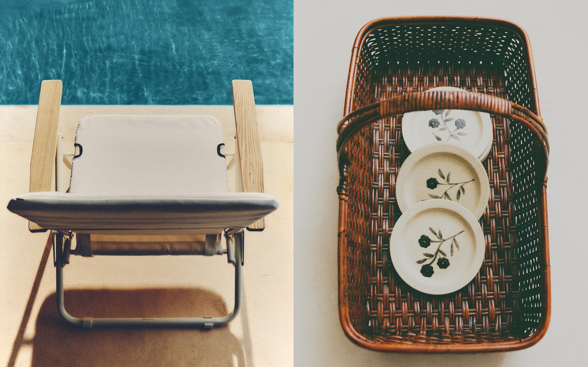 BEACH CHAIR, BASKET AND PLATES