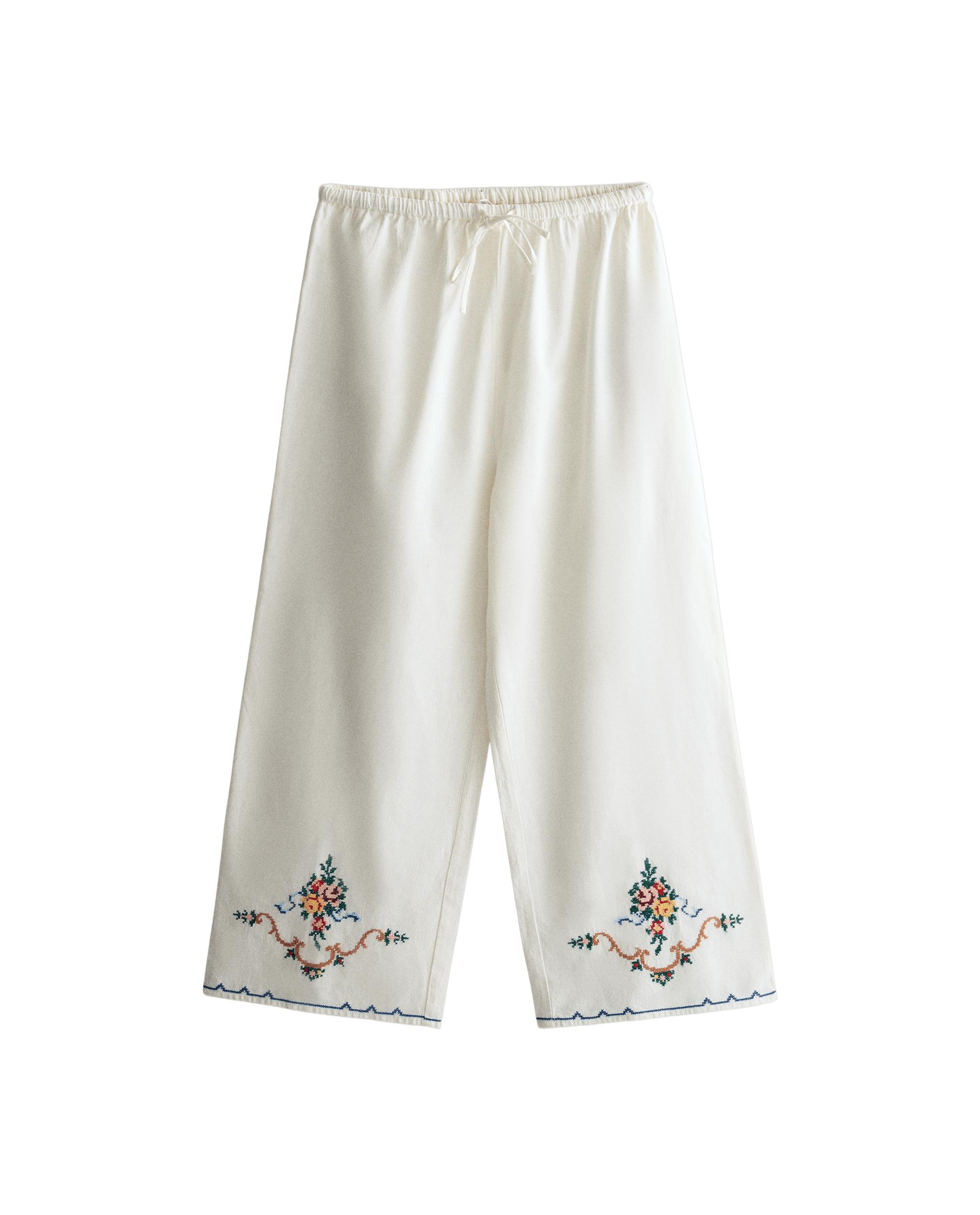 EMBROIDERED LINEN-COTTON BLEND TROUSERS product thumbnail 5