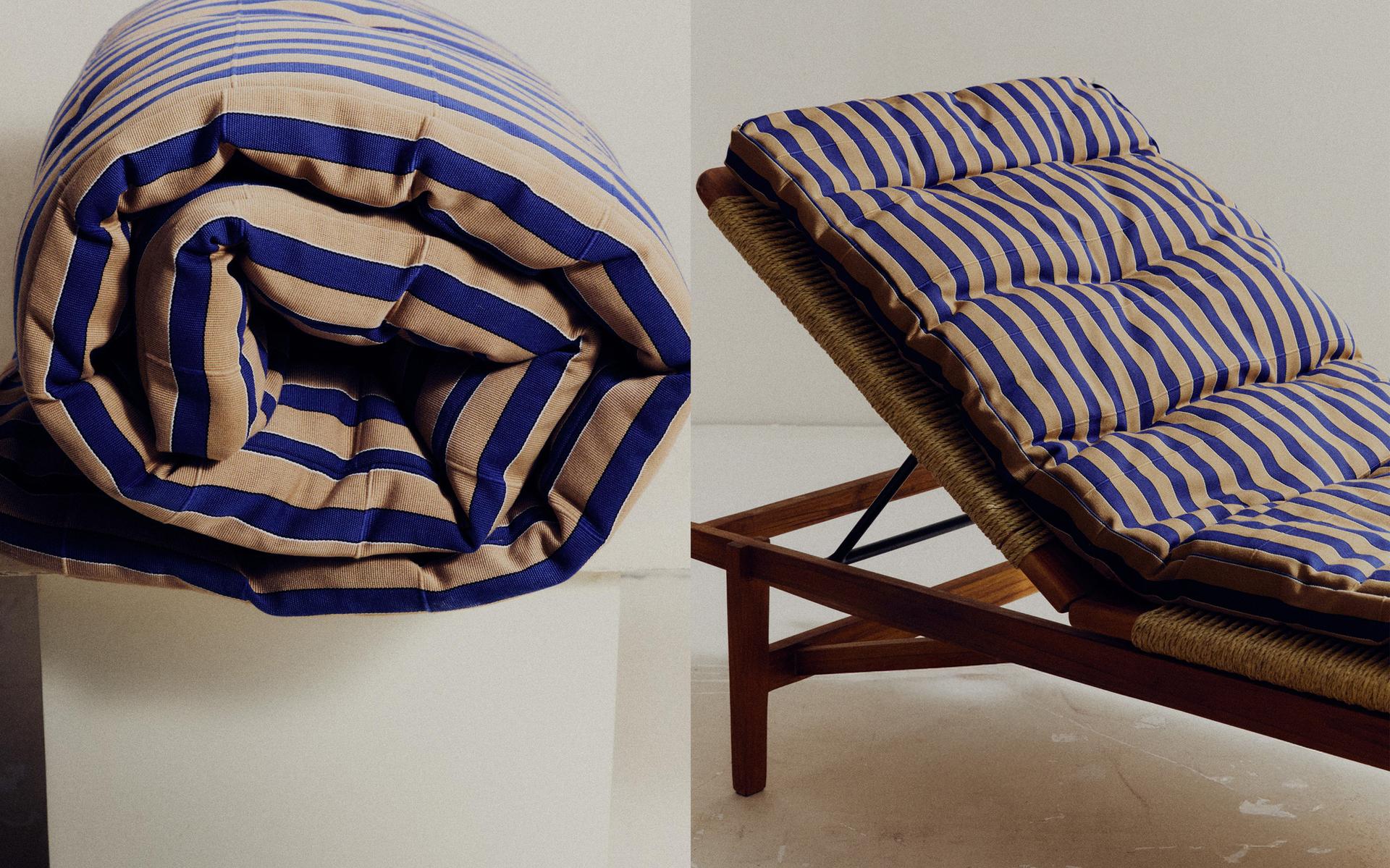 CHAISE LONGUE EXTÉRIEURE ET MATELAS D'ASSISE À RAYURES CHAISE LONGUE EXTÉRIEURE ET MATELAS D'ASSISE À RAYURES