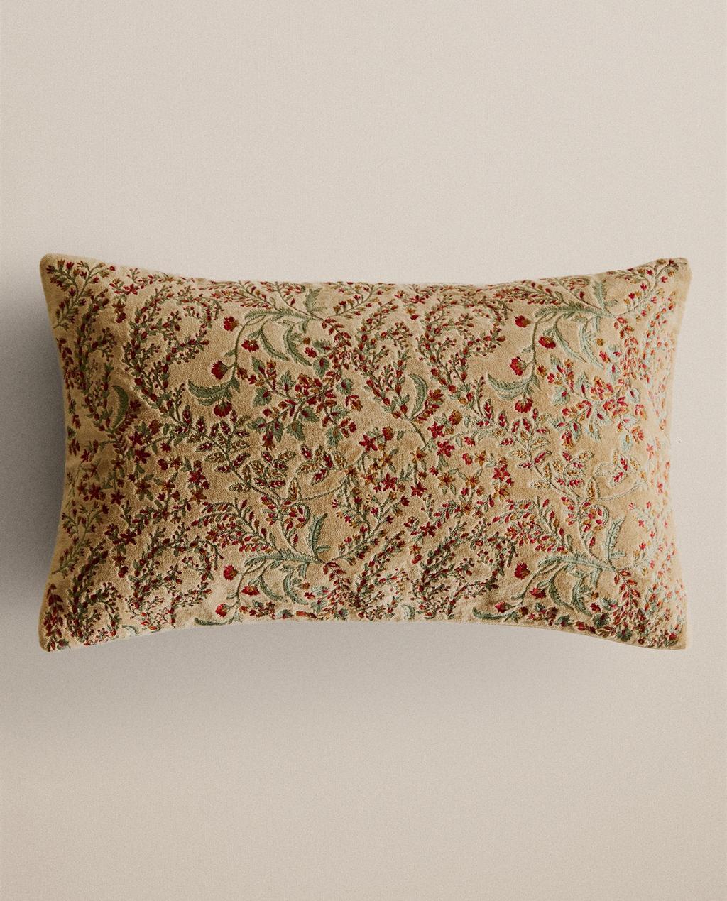 Floral embroidered velvet cushion cover