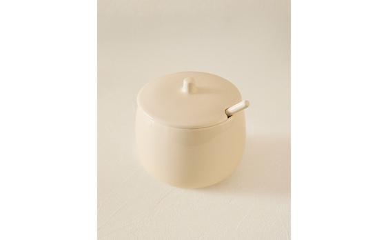 PLAIN STONEWARE SUGAR BOWL WITH SPOON