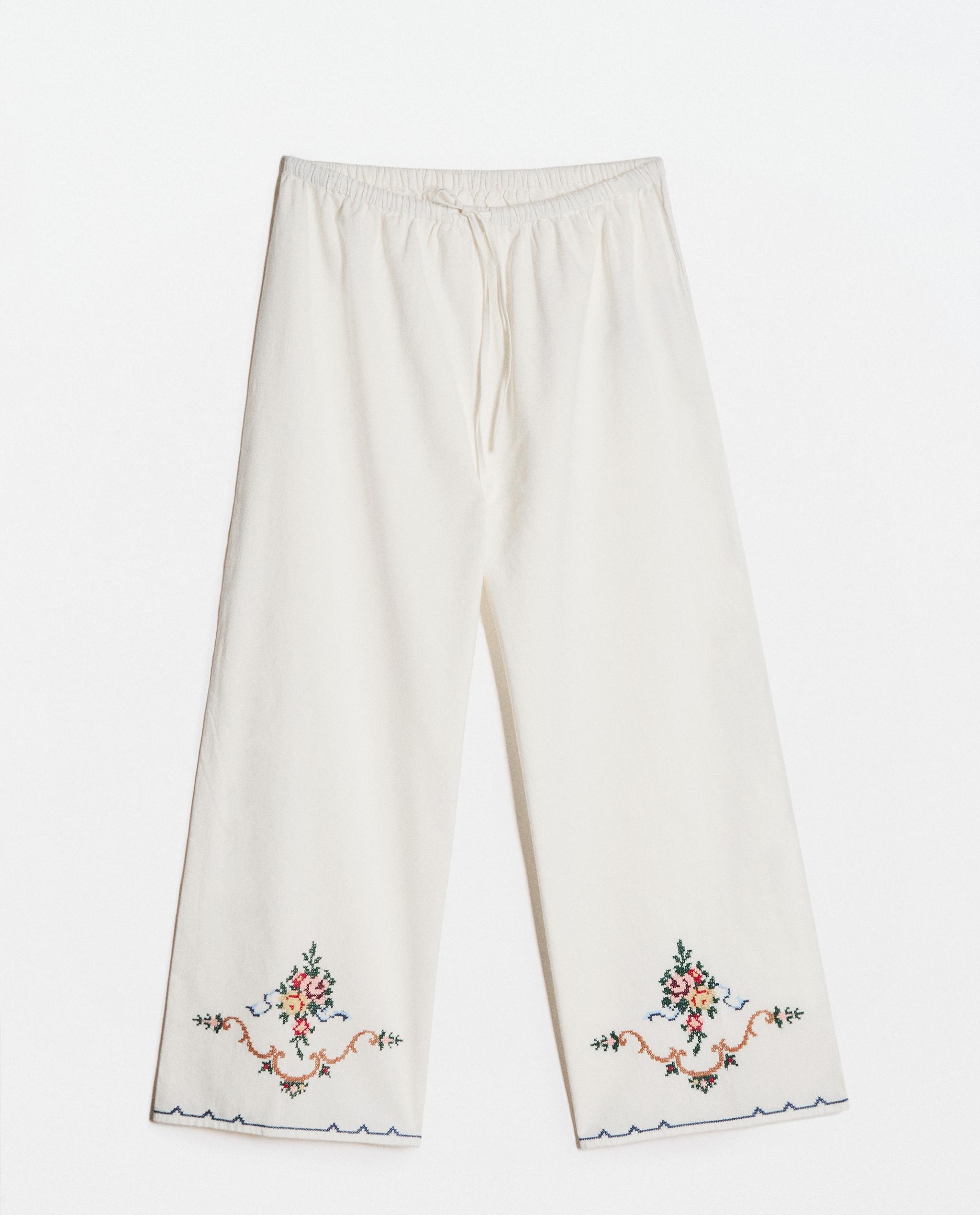 EMBROIDERED LINEN-COTTON BLEND TROUSERS product thumbnail 8