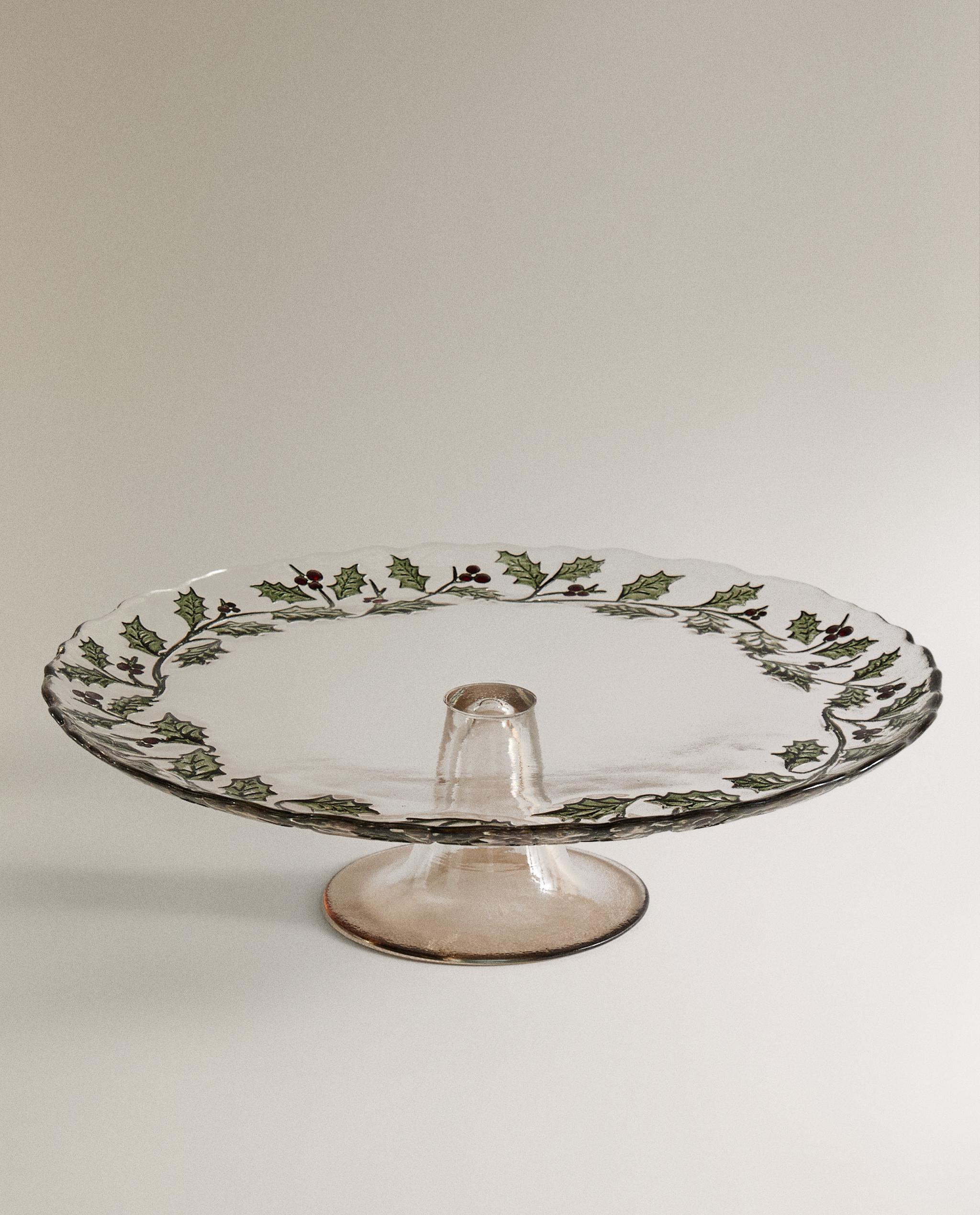 【新品•タグ付き】 ZARA  クリスマス ケーキスタンド ヒイラギ柄 ヒイラギ クリスマス ガラスケーキプレート | Zara Home 日本/Japan