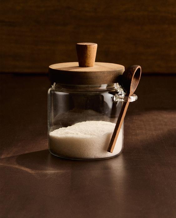 BOROSILICATE GLASS AND WOOD SUGAR BOWL