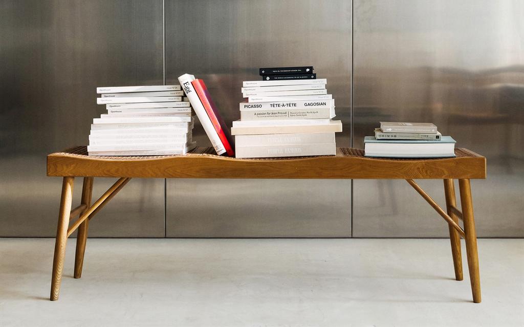 WOOD AND RATTAN BENCH