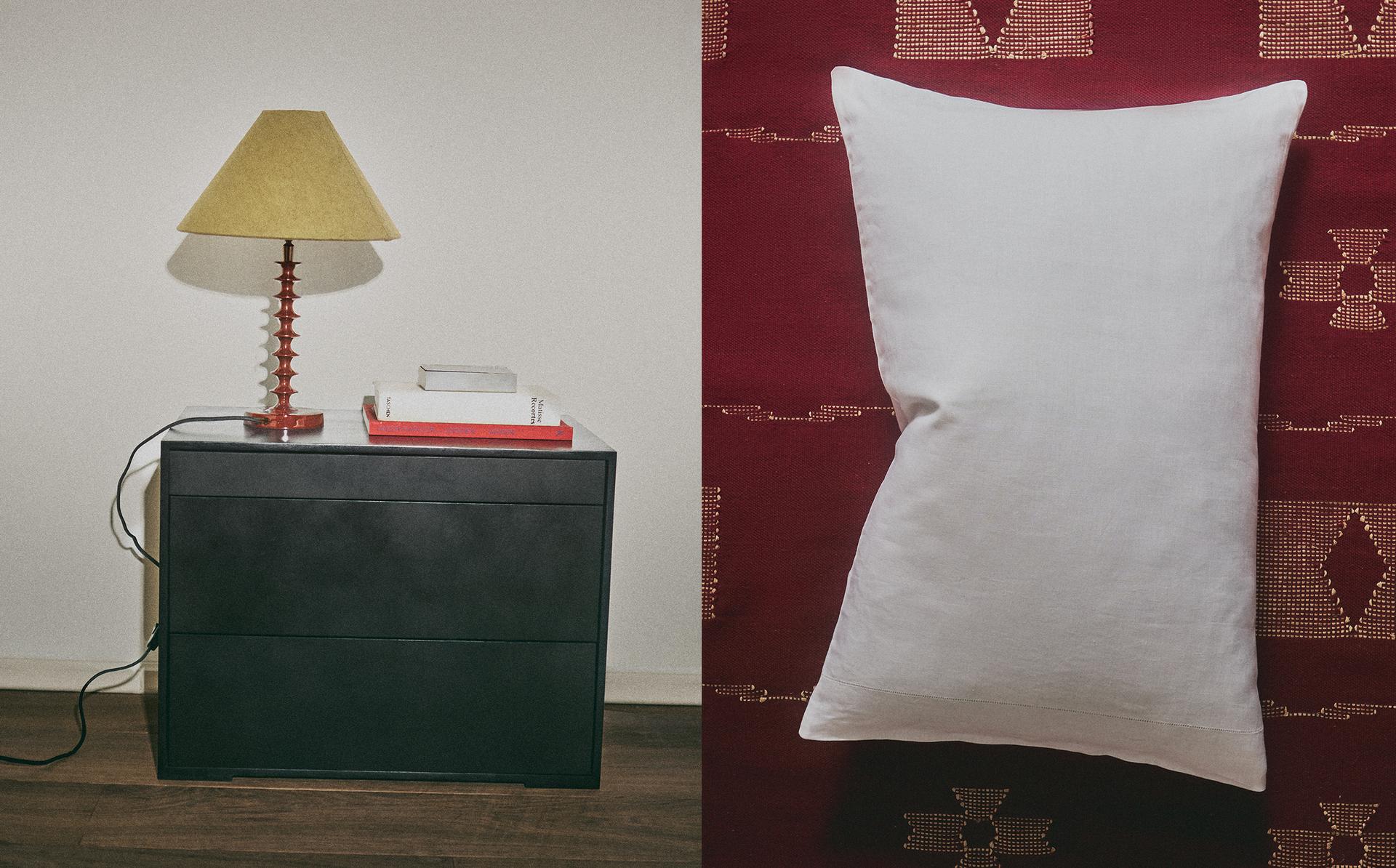 WOOD AND METAL BEDSIDE TABLE, TABLE LAMP AND GEOMETRIC PRINT AREA RUG