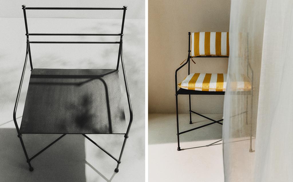 FORGED METAL ACCENT CHAIR AND STRIPED CUSHIONS