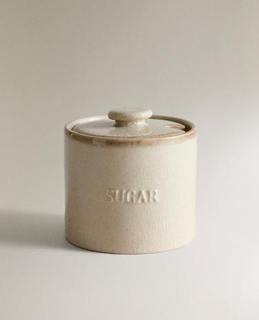 STONEWARE SUGAR BOWL WITH SPOON