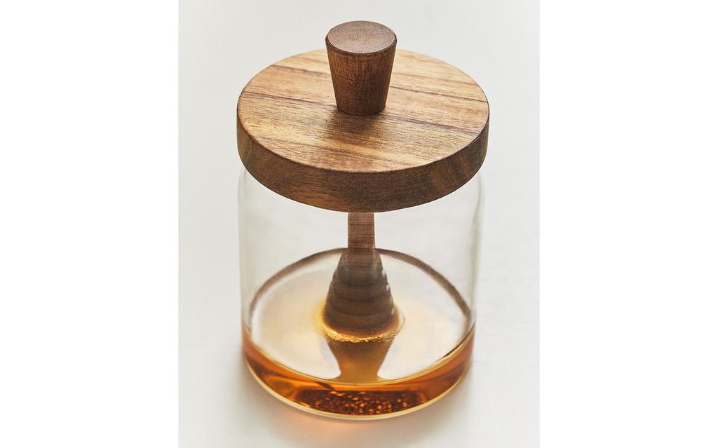 BOROSILICATE GLASS AND WOOD HONEY JAR