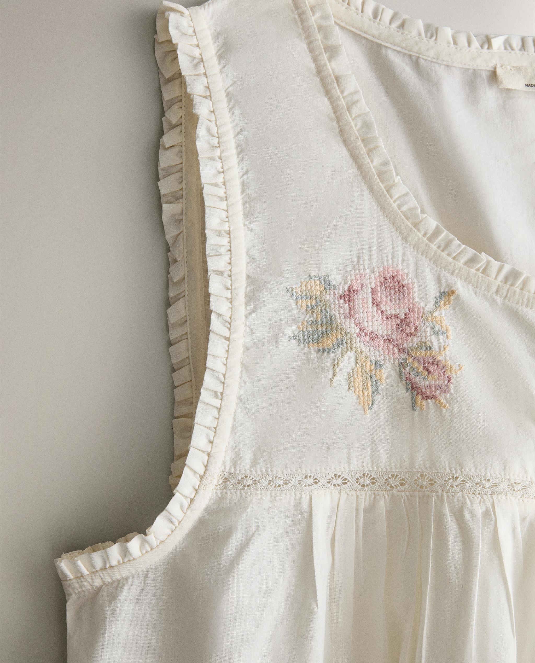 Zara Home Embroidered Cotton Nightgown Oyster White