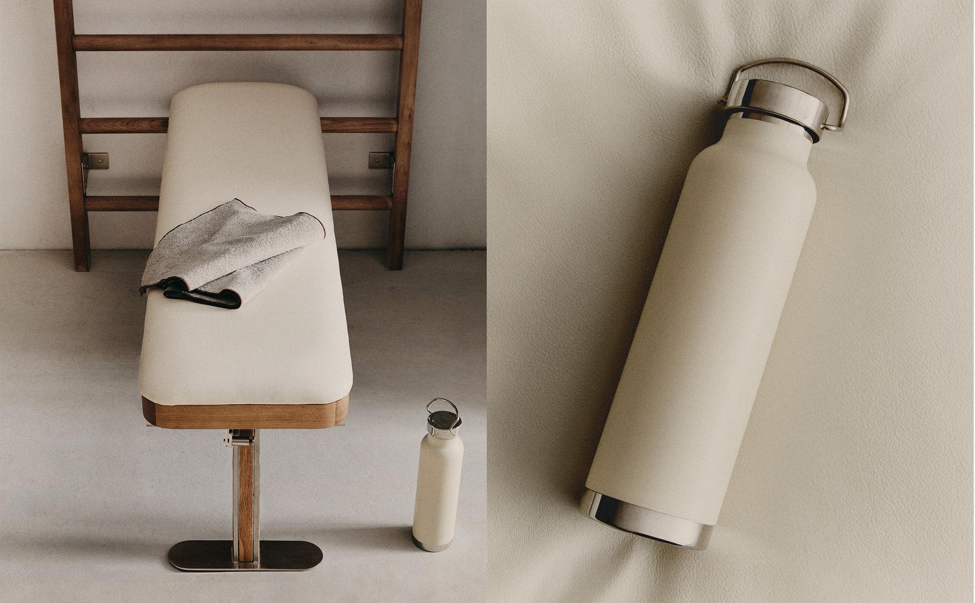 OAK WALL BAR WITH LEATHER BENCH AND LACQUERED STEEL BOTTLE