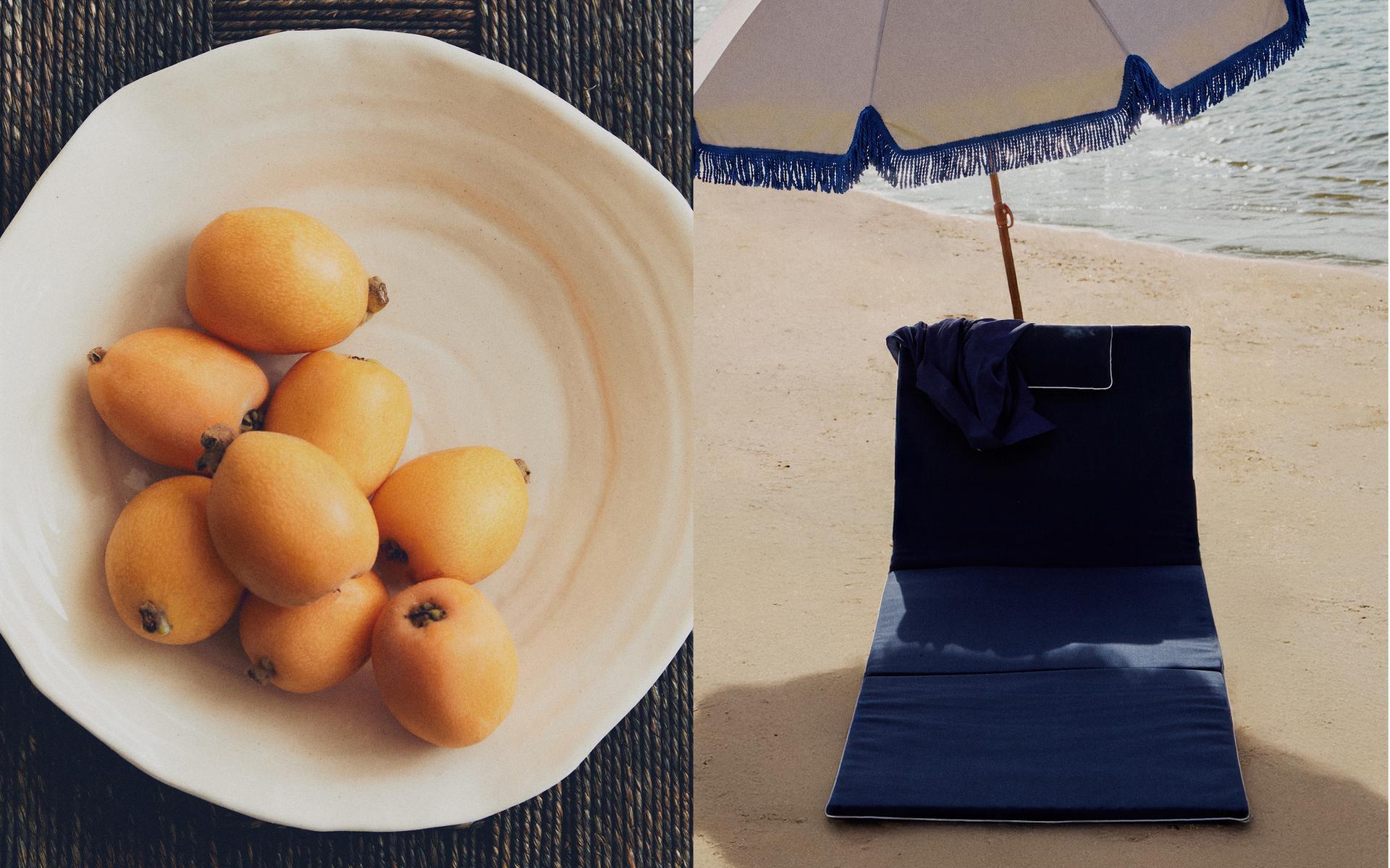 TRAY, UMBRELLA AND SUN LOUNGER