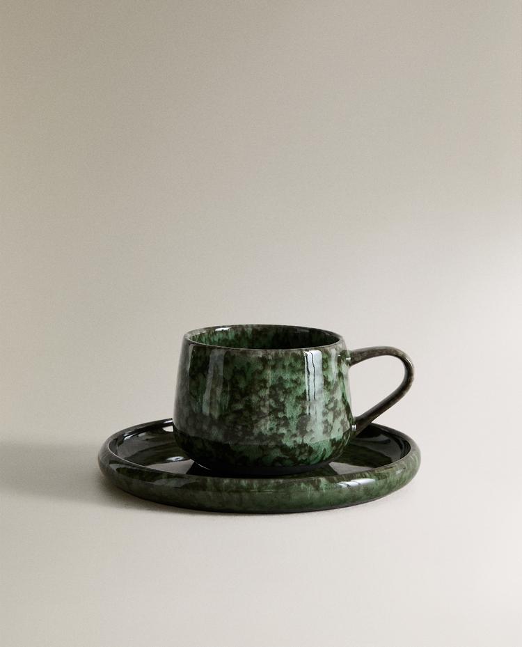 TASSE À CAFÉ ET SOUCOUPE GRÈS VERT