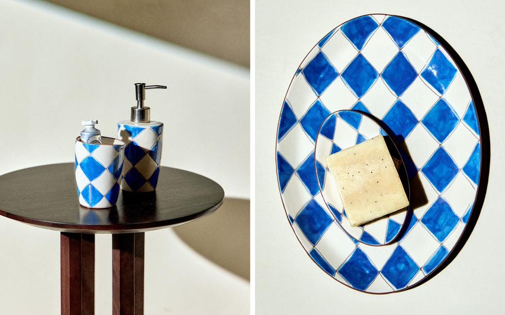 ACCESORIOS DE BAÑO ROMBOS AZULES