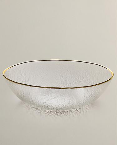 RAISED GLASS SALAD BOWL WITH GOLD RIM