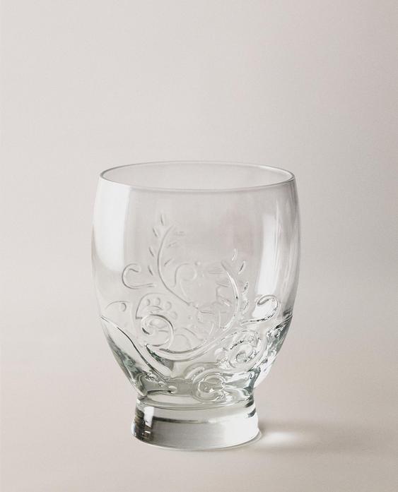 BICCHIERE IN VETRO CON RILIEVO A FIORI