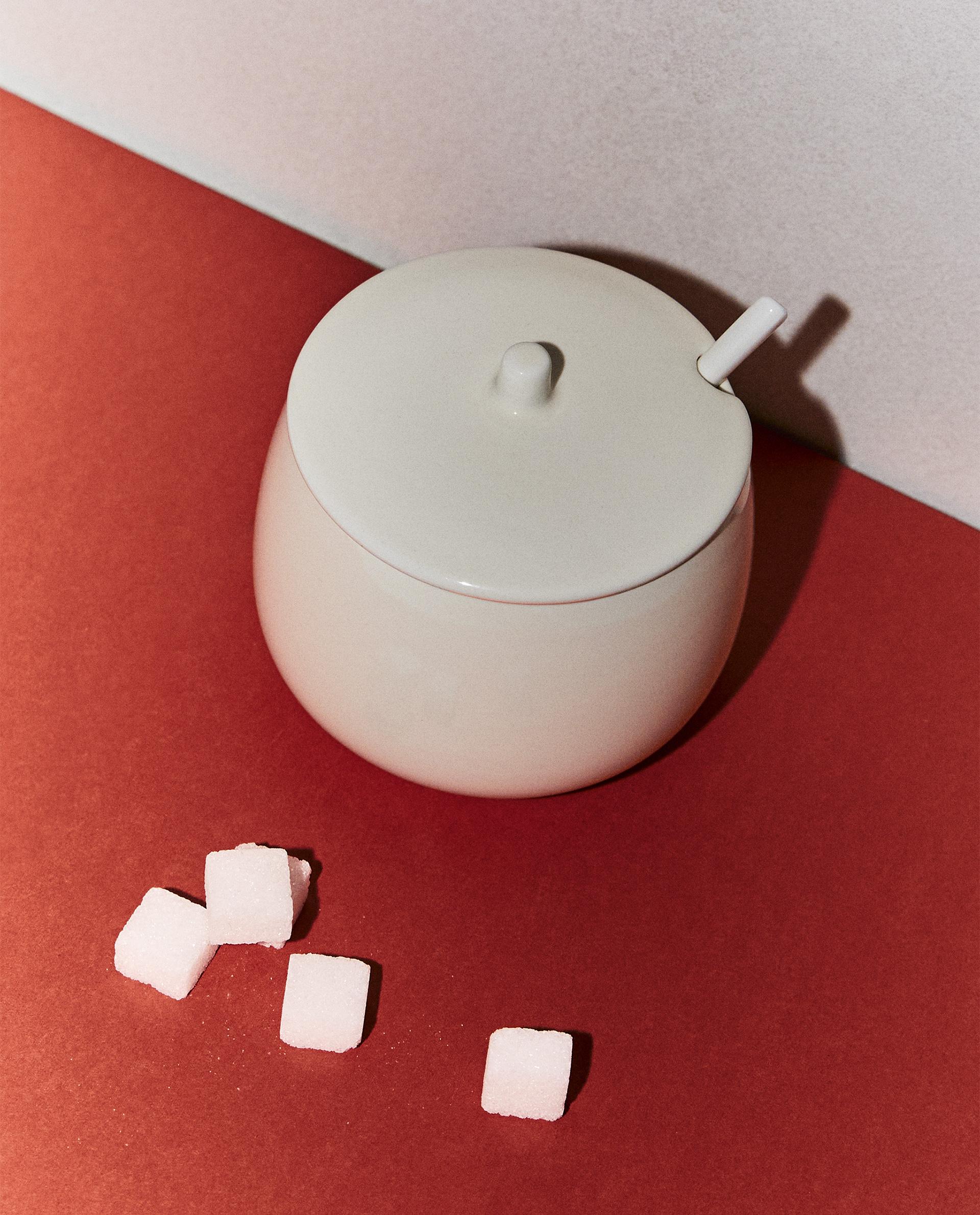 PLAIN STONEWARE SUGAR BOWL WITH SPOON