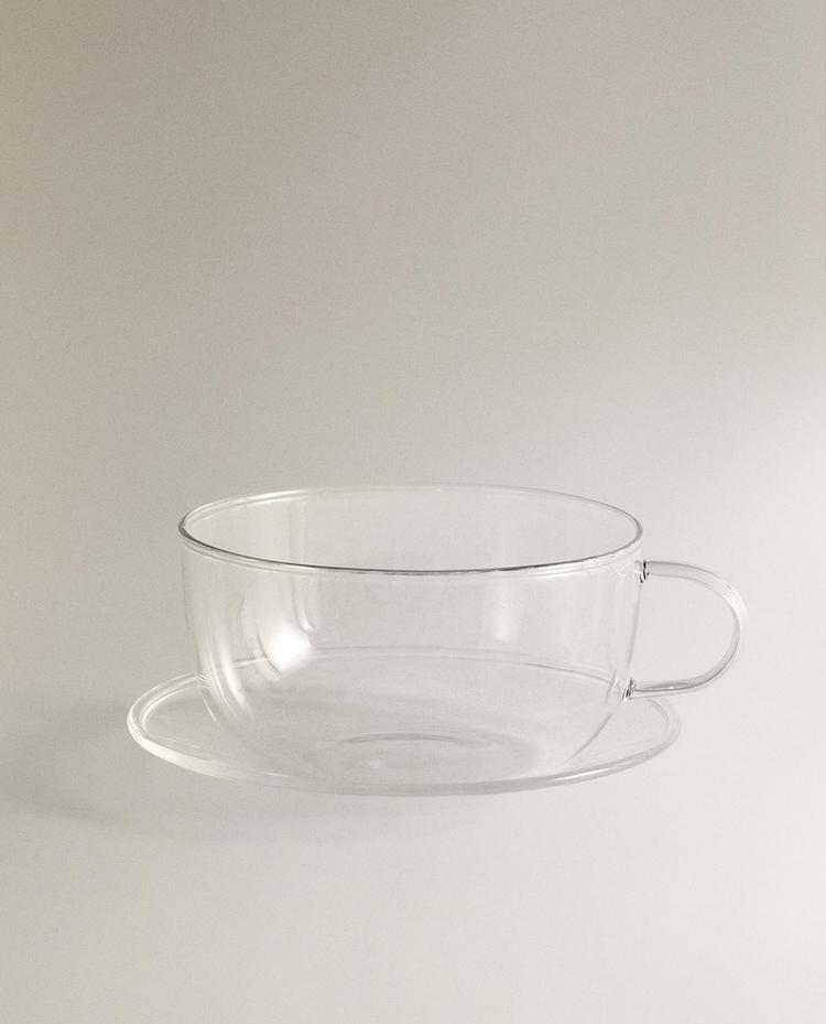 BOROSILICATE GLASS TEACUP AND SAUCER WITH SILVER RIM