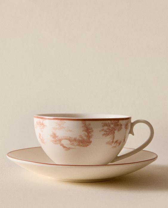 Toile de Jouy 圖案瓷器茶杯和茶碟