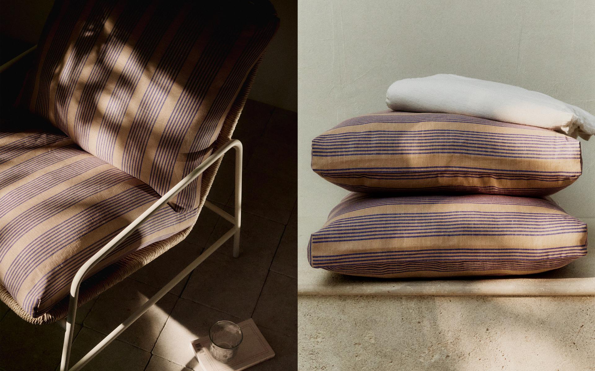 CHAISE EXTÉRIEURE ET COUSSINS RAYÉS CHAISE EXTÉRIEURE ET COUSSINS RAYÉS