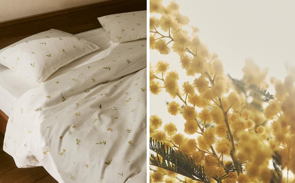 Bettbezug aus Leinen und Baumwolle mit Mimosenmuster Bettbezug aus Leinen und Baumwolle mit Mimosenmuster