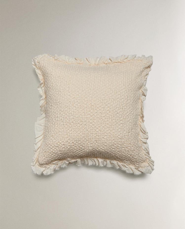 KIDS’ MINI WAFFLE TEXTURE CUSHION COVER WITH RUFFLE TRIM KIDS’ MINI WAFFLE TEXTURE CUSHION COVER WITH RUFFLE TRIM