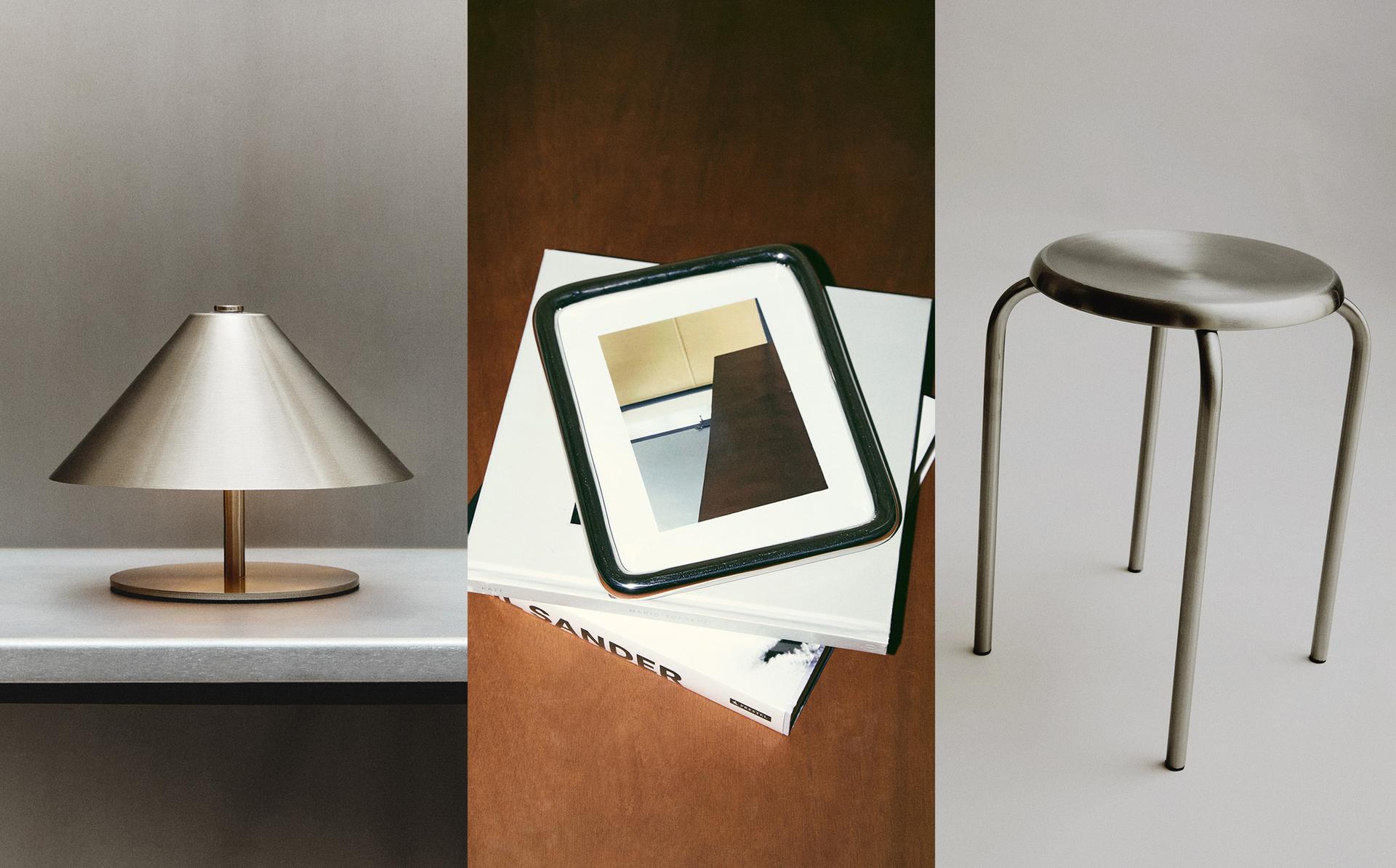 스탠드 조명, 사진 액자 및 스테인리스 스틸 스툴