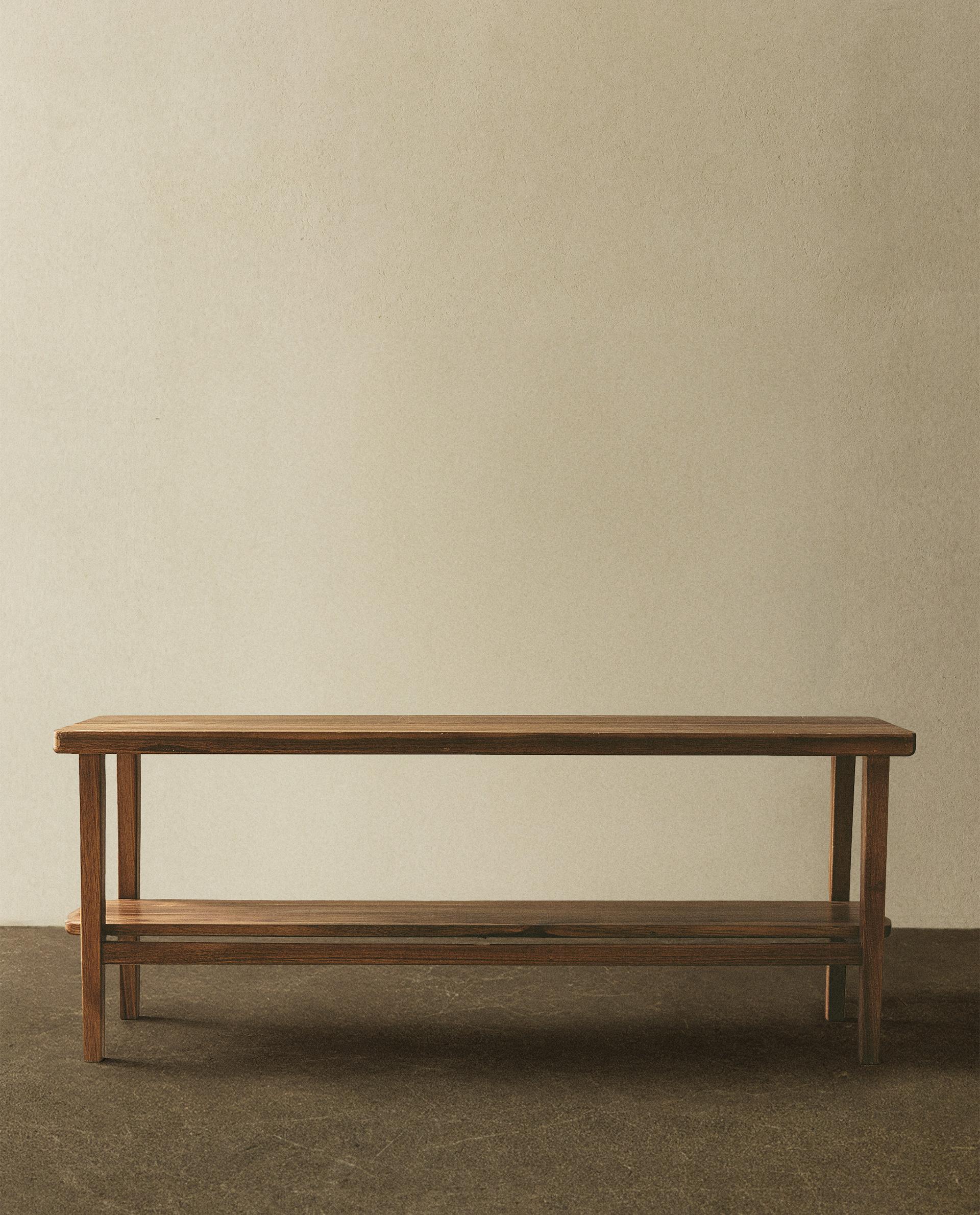 Acacia Wood Double Bench with Storage Shelf