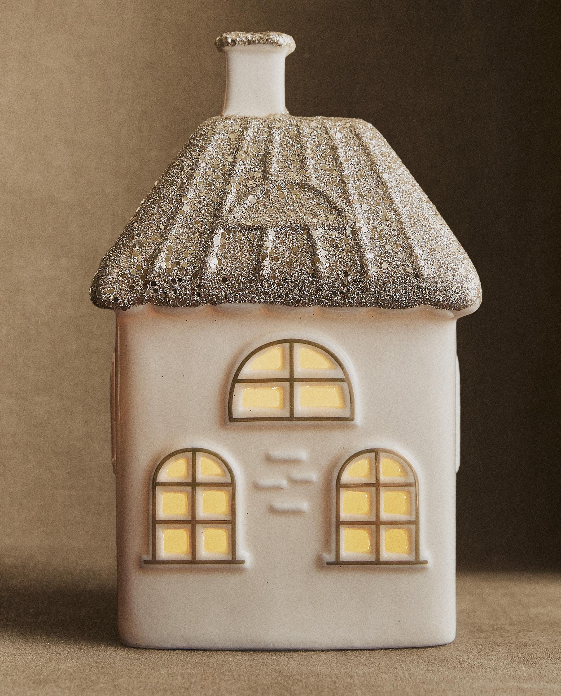 クリスマス セラミック ハウス オーナメント 四角い屋根 グリッター