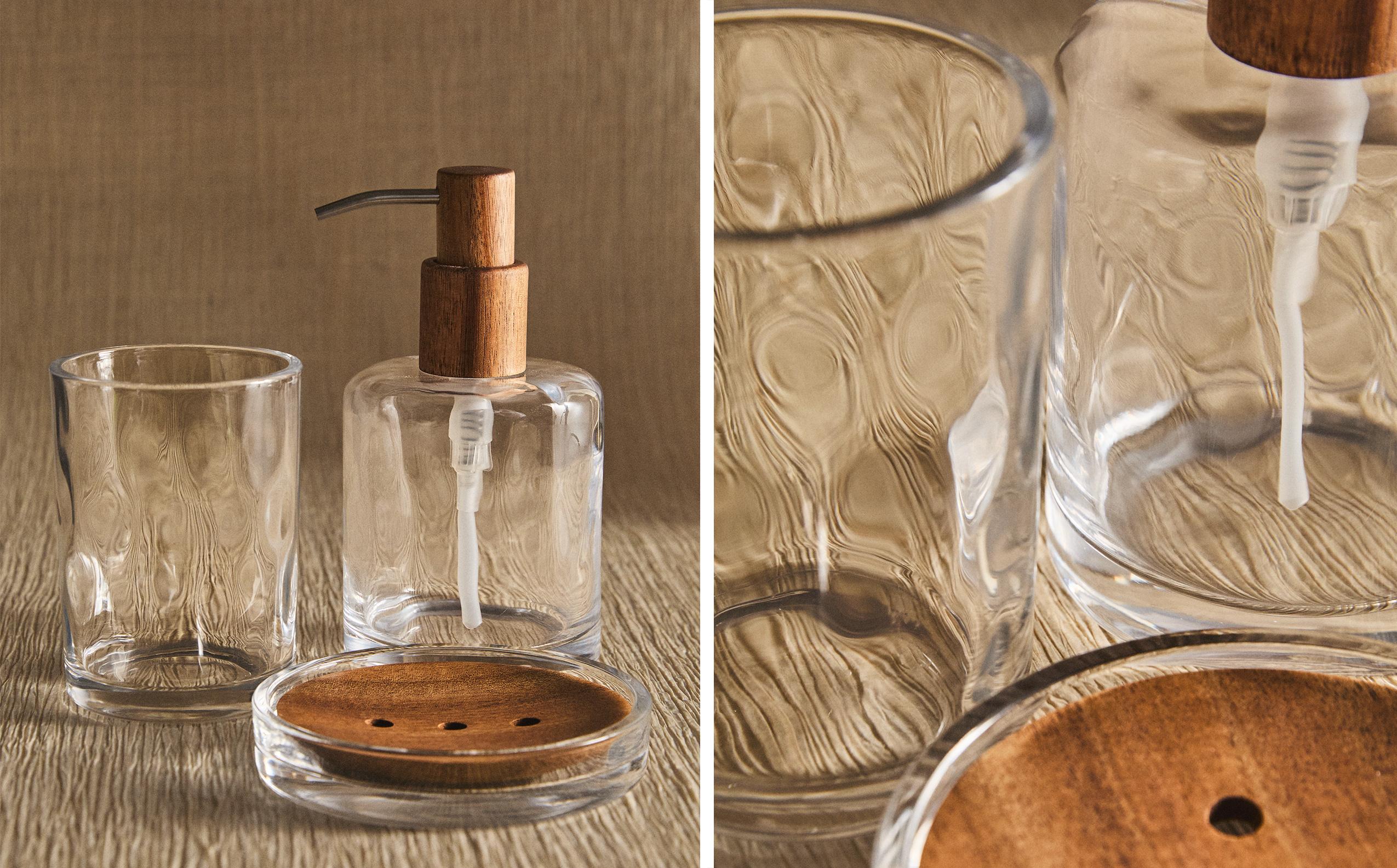 GLASS AND WOOD BATHROOM SET