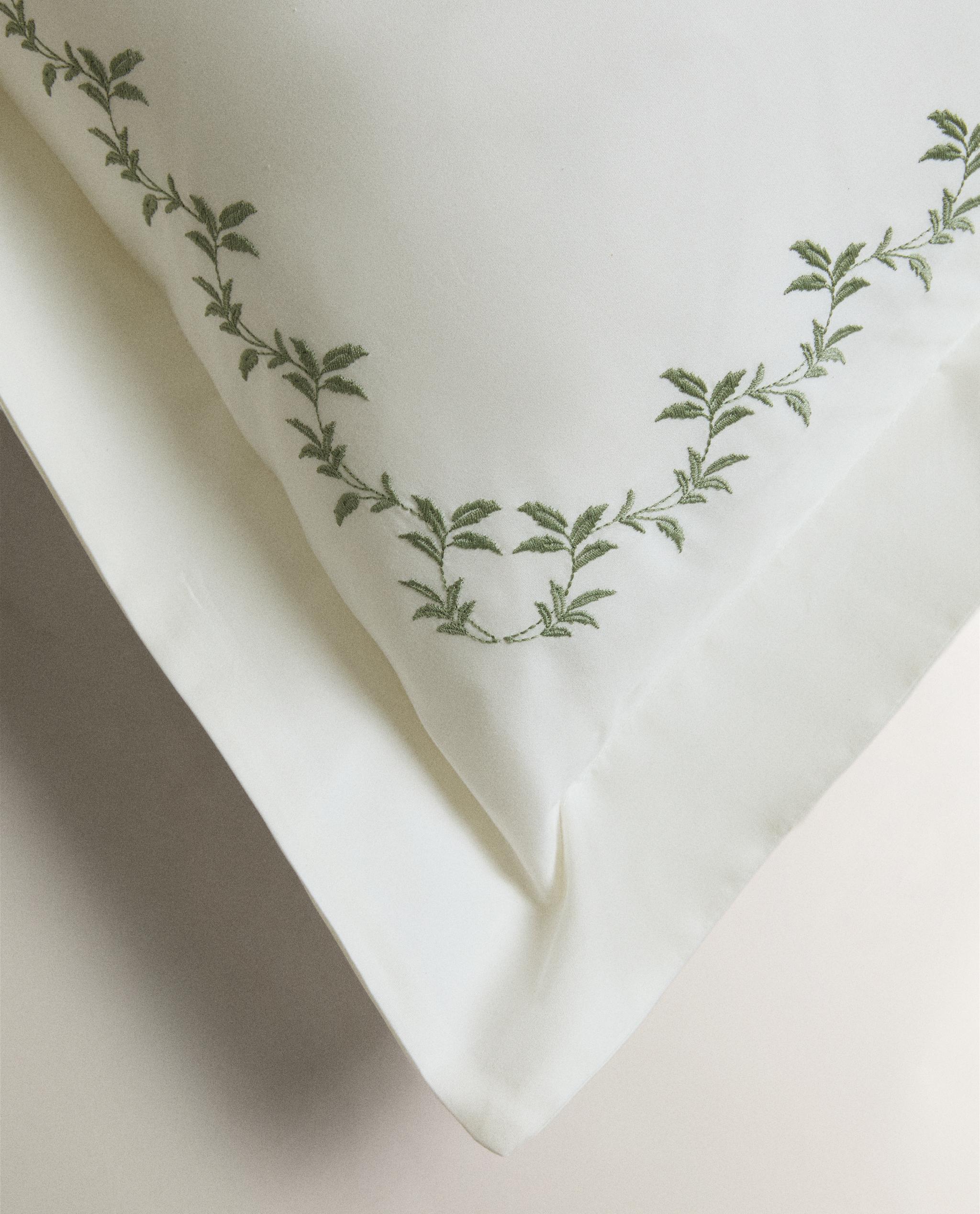 SATEEN PILLOWCASE WITH EMBROIDERED LEAVES product thumbnail 6