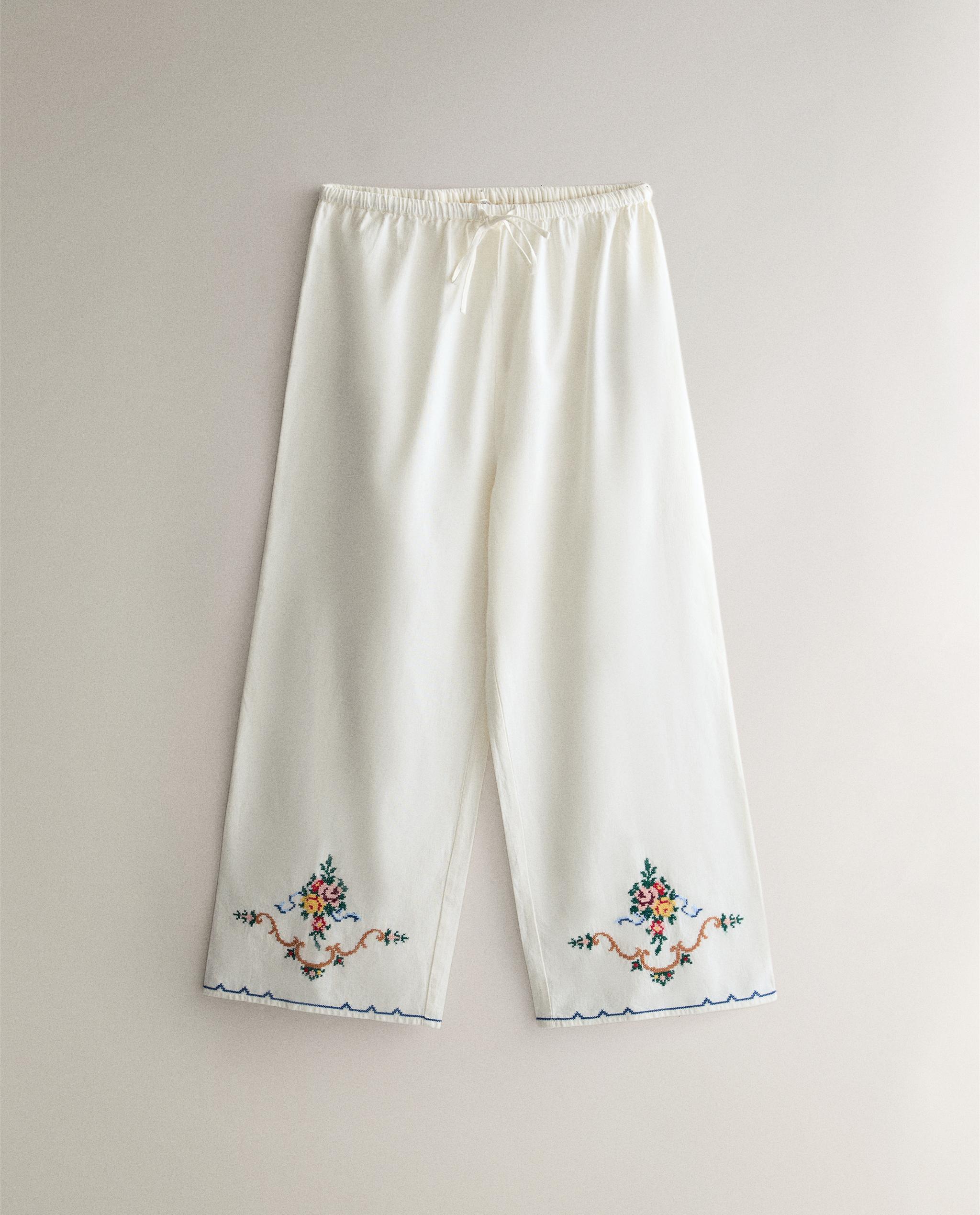 EMBROIDERED LINEN-COTTON BLEND TROUSERS product thumbnail 3