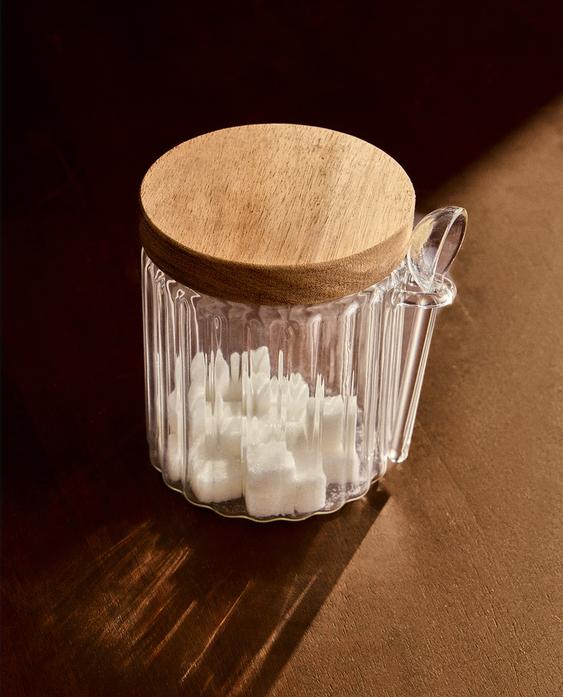 BOROSILICATE GLASS AND WOOD SUGAR BOWL