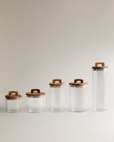 BOROSILICATE GLASS AND WOOD STORAGE JAR