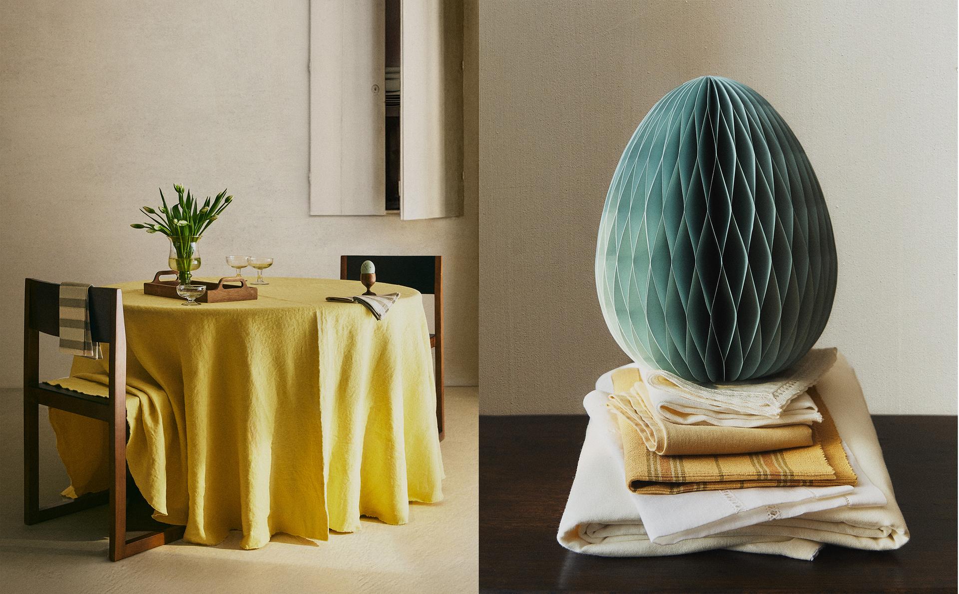 EASTER TABLE LINEN, WOODEN EGG CUP AND PAPER DECORATION