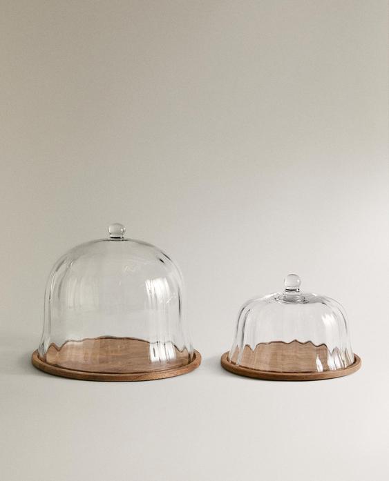 HOUTEN TAARTSCHAAL MET GLAZEN STOLP